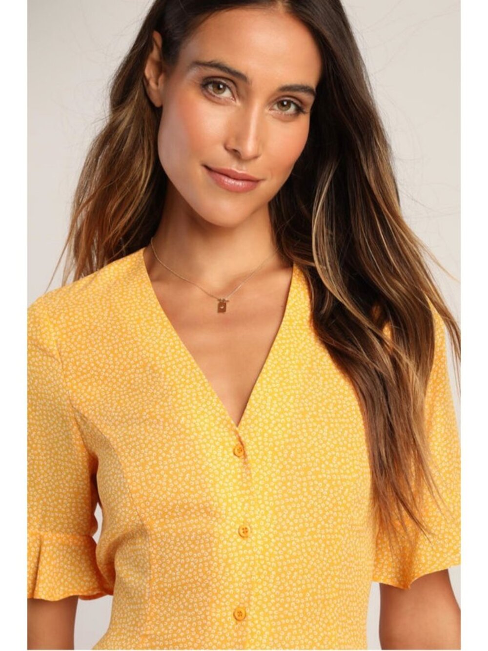 Lulus Castana Mustard Yellow Button-Up Dress With Ruffle Sleeves & Tie Back XL - Picture 15 of 16